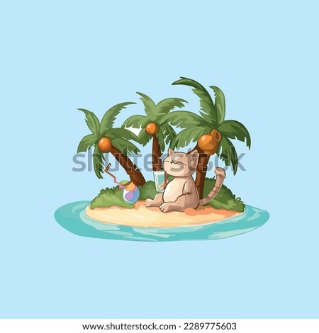 cute cat Enjoy summer sunbathing on a small island under coconut tree while drinking iced juice