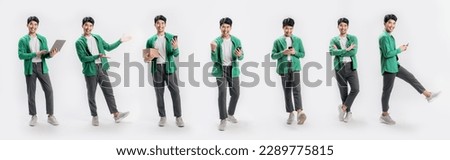 Collection full length handsome asian man lifestyle in green casual outfit on isolated white background. Young Asian man happy smile in studio. Business online concept. Royalty-Free Stock Photo #2289775815