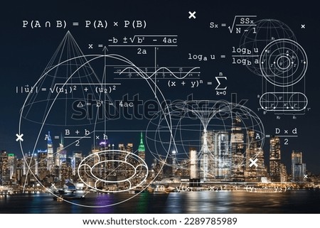 New York City skyline from New Jersey over the Hudson River with Hudson Yards at night. Manhattan, Midtown. Technologies and education concept. Academic research, top ranking university, hologram