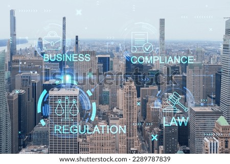 Aerial panoramic city view of Upper Manhattan and Central Park, New York city, USA. Iconic skyscrapers of NYC. Glowing hologram legal icons. The concept of law, order, regulations and digital justice Royalty-Free Stock Photo #2289787839