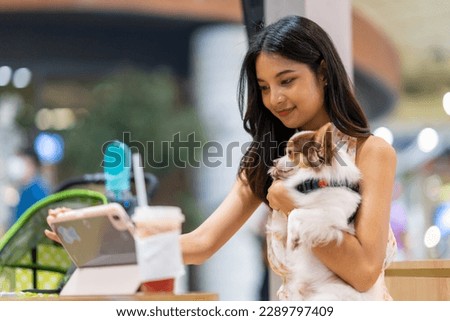 Asian woman working on digital tablet with chihuahua dog at pets friendly cafe shopping mall. Domestic dog and owner enjoy urban lifestyle in the city. Pet parents and work from anywhere concept.