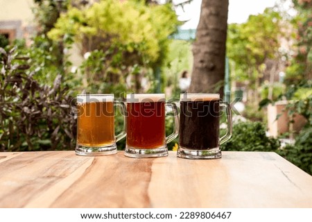 Beer photos. Glasses of light and dark beer on a pub background. Beer picture for restaurant menu