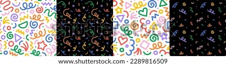 Set of fun colorful line doodle seamless pattern. Creative abstract art background collection for children or festive celebration design. Simple childish scribble wallpaper print texture bundle. Royalty-Free Stock Photo #2289816509