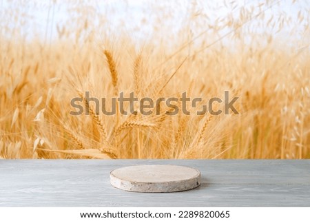 Empty wooden podium on white table over wheat field background.  Jewish holiday Shavuot mock up for design and product display. Royalty-Free Stock Photo #2289820065