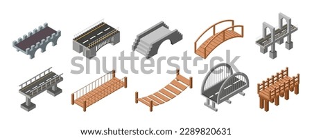 Isometric river roads. Canal bridges. Tower engineering. Modern water highway and landmark. Building construction. Wooden and stone footbridges. Vector illustration cityscape elements set Royalty-Free Stock Photo #2289820631