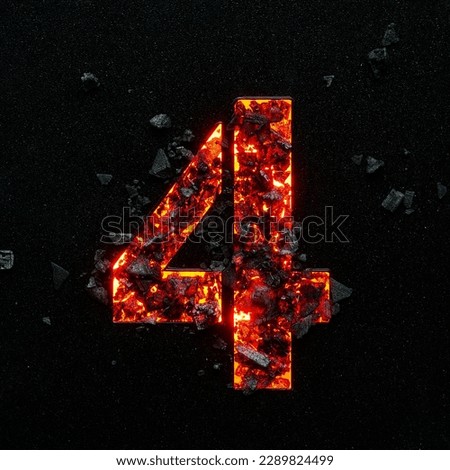 Photo of the burning number four on a black background made of hot coals.