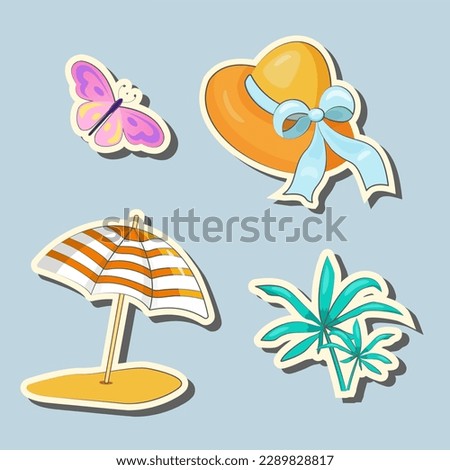 Vector set of cute summer stickers hat, umbrella, palm tree, butterfly. Perfect for summertime poster, card, scrapbooking, invitation.