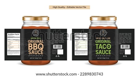 BBQ sauce label design, Taco sauce label design, Mexican food packaging, barbecue spicy sauce packaging label vector illustration. Black premium quality spice food label designs. Royalty-Free Stock Photo #2289830743