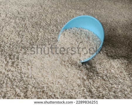a blue bowl filled with rice, against a background of abundant rice