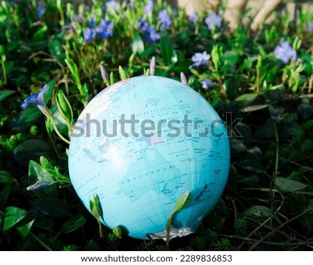 The concept of environmental protection. Earth globe in green grass.Selective focus.