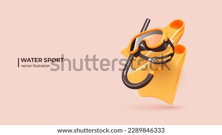 3d Summer water Sport. Realistic 3d design of Set for Snorkeling or Scuba Diving. Diving mask, snorkel and fins in cartoon minimal style. Vector illustration Royalty-Free Stock Photo #2289846333