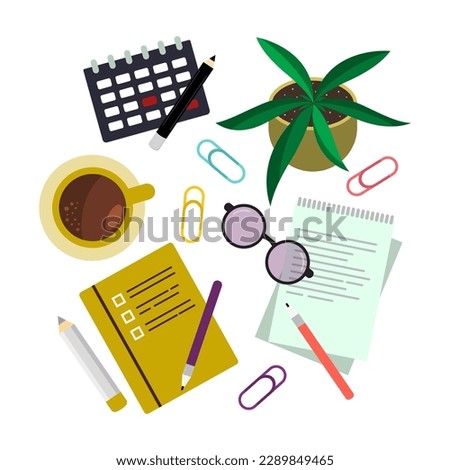 Notepad for writing and drawing, planner, donut, USB drive, glasses, workplace organization.