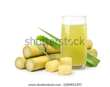 Fresh squeezed sugar cane juice with fresh cane sliced isolated on white background. Royalty-Free Stock Photo #2289852397