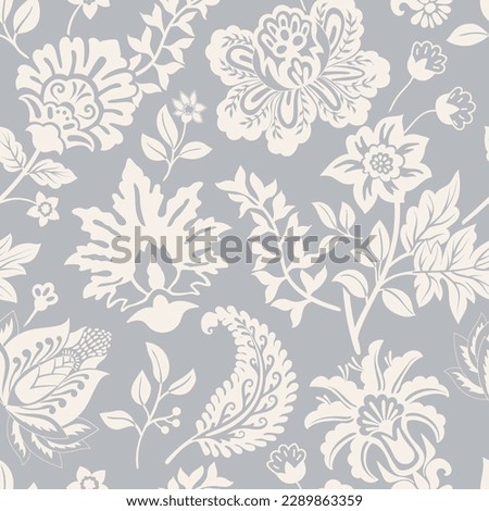 Seamless floral pattern. Climbing flowers wallpaper. Stylised plants, monochrome background. Design for wrapping paper, textile, fabric, wedding invitations, cover phone, web, rug, carpet. Vector Royalty-Free Stock Photo #2289863359