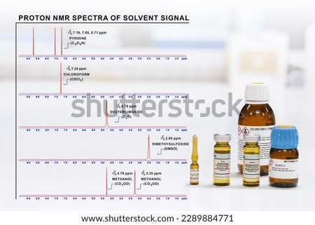 Glass bottles of NMR solvent, chloroform, pyridine, DMSO, D2O, methanol and the proton NMR spectrum show a signal of each solvent with text exhibited chemical shift values and names of solvents. Royalty-Free Stock Photo #2289884771
