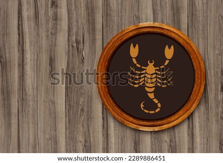 The sign of the zodiac Scorpio in a round frame on the wall of the boards