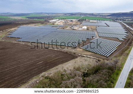 Aerial view of solar panels, photovoltaic power plant.