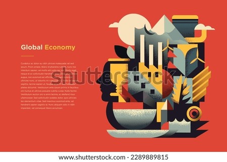 Illustration about global economy and business in the style of modern geometric cubism, environmental portraiture, warm tonal range, illustration, industrialization, strong use of negative space Royalty-Free Stock Photo #2289889815