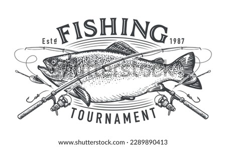 Fishing tournament emblem. Caught large fish and crossed fishing rods of fisherman, badge template. Vector illustration
