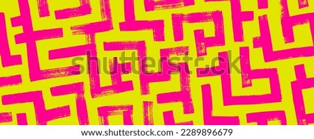 Geometric maze colorful seamless pattern. Brush drawn pink and yellow scribbles. Abstract maze geometric vector background. Irregular labyrinth pattern in bright colors. Hand drawn intricate banner. Royalty-Free Stock Photo #2289896679