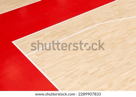 Wooden floor volleyball, basketball, badminton, futsal, handball court. Wooden floor of sports hall with marking lines line on wooden floor indoor, gym court