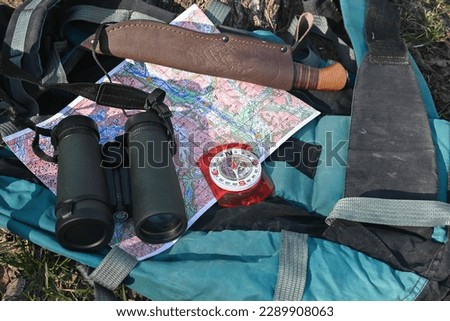 Bushcraft equipment. Items necessary for survival in the wild. Royalty-Free Stock Photo #2289908063