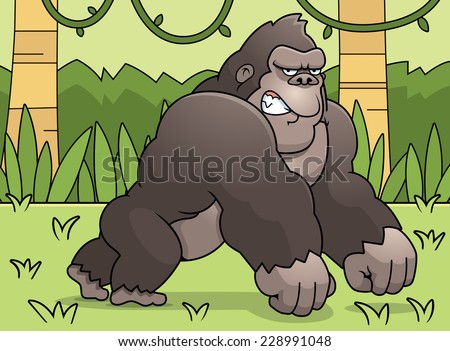 A cartoon illustration of a big gorilla walking in the jungle.