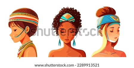 Set with Illustration of an African or latinos Girls Wearing Pretty Heads Scarves and Earrings. Used for print design greeting card used for print design, banner, poster, flyer template