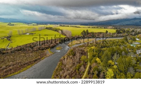 Aerial view of Turangi landscape at sunset, New Zealand.
