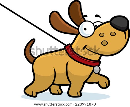 A cartoon illustration of a dog on a leash going for a walk.