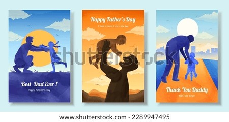 Father's day illustration in watercolor style. Silhouette of daughter running into her father's arms, father lifting his son up and father teaching his children how to ride bicycle. Royalty-Free Stock Photo #2289947495