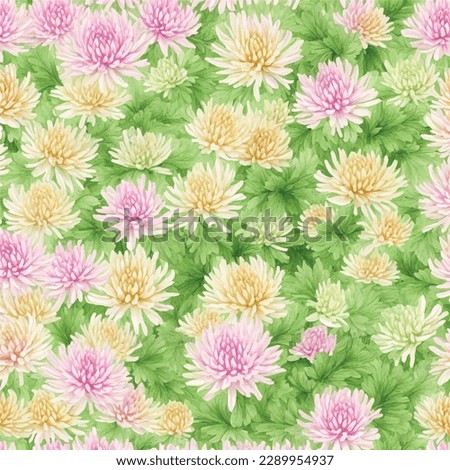 Watercolor seamless pattern with chrysanthemum flowers, leaves and branches