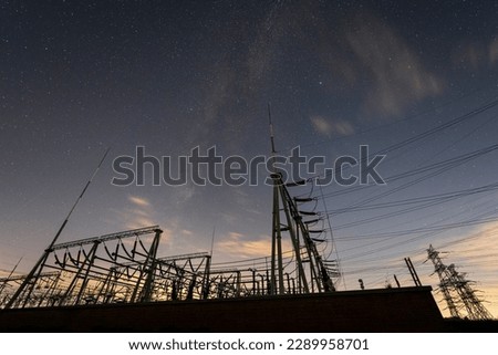 Pylon and star, pylon and the Milky Way, The high voltage substation is under the stars