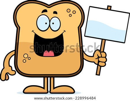 A cartoon illustration of a piece of toast holding a sign.