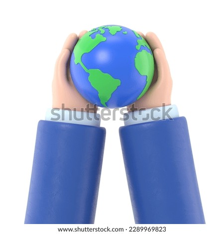 Cartoon Gesture Icon Mockup. Cartoon character hand holding a globe. Global business or ecology concept clip art 3D rendering on white background.
