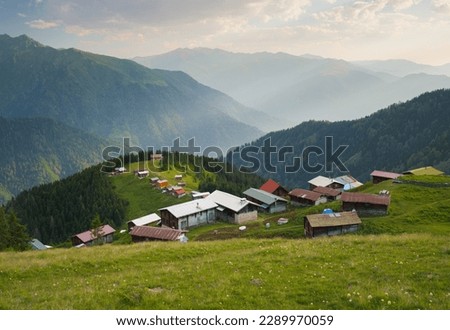 The famous Pokut plateau and its traditional wooden houses. One of the most popular plateaus in Turkey. Eastern Black Sea region. Camlihemsin, Rize, Türkiye Royalty-Free Stock Photo #2289970059
