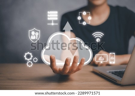Cloud computing concept, Business person hand holding cloud computing icon on virtual screen, Backup Storage Data Internet, networking and digital, Share global, technology concept.