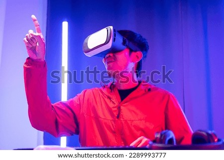 Young man interesting with virtual simulated world. Into the future digital cyber universe. Future technology vr concept.
