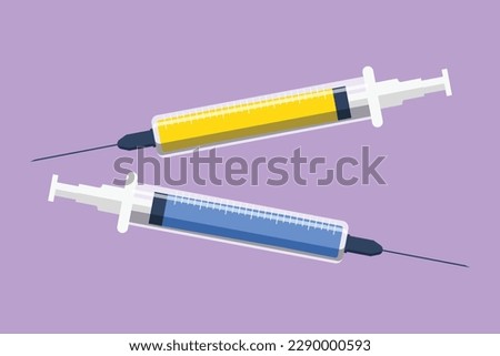 Graphic flat design drawing stylized injection syringe icon. Injection medical logo label. Vaccine and medicine symbol. Applicable for vaccine injection, vaccination. Cartoon style vector illustration Royalty-Free Stock Photo #2290000593