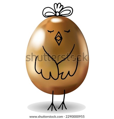 Gold egg decorated by Chicken wings and tails. Cute character. Vector hand drawn doodle illustrations for Easter, carnival, holyday, for kids designs. Isolated on white background