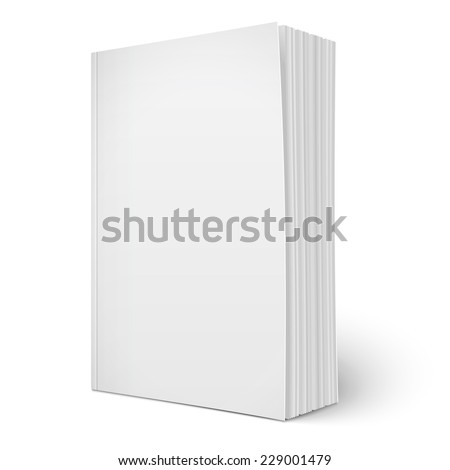 Blank vertical softcover book template with spreading pages standing on white surface  Perspective view. Vector illustration. Royalty-Free Stock Photo #229001479