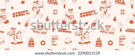 Burger retro cartoon fast food seamless pattern. Comic character, slogan, quotes and other elements for burger bar, cafe, restaurant. Groovy funky trendy vector illustration and background.