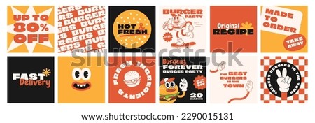 Burger retro cartoon fast food posters and cards. Comic character slogan quote and other elements for burger bar restaurant. Social media templates stories posts. Groovy funky vector illustration. Royalty-Free Stock Photo #2290015131