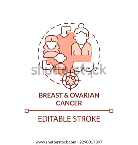 Breast, ovarian cancer red concept icon. Family health history and chronic diseases abstract idea thin line illustration. Isolated outline drawing. Editable stroke. Arial, Myriad Pro-Bold fonts used
