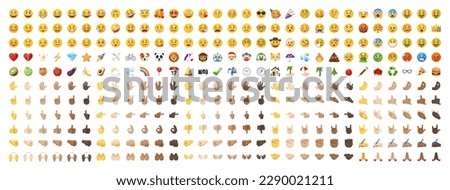 All type of emojis in one big set. Hands, gesture, people, animals, food, transport, activity, sport emoticons. Smiley big collection. Vector illustration. Royalty-Free Stock Photo #2290021211
