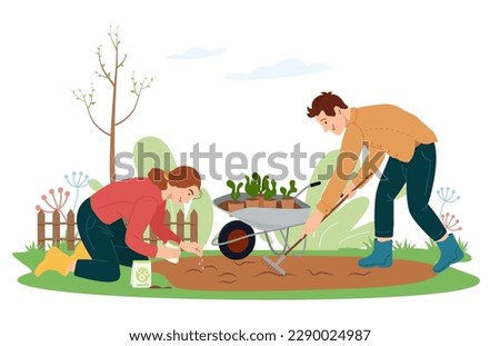 Boy and girl work in the garden Cute young woman sowing seeds of flowers on backyard in the spring Man raking the beds isolated on white Agricultural activity Vector illustration in flat style Royalty-Free Stock Photo #2290024987