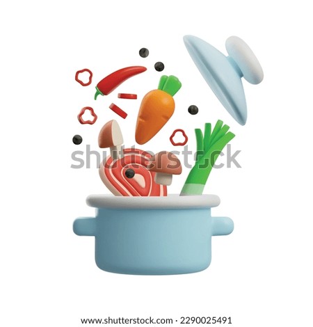 Cooking kitchen pot or saucepan, kitchenware with meat and vegetables flying under lid, 3D realistic vector illustration isolated on white background.