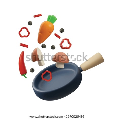 Realistic frying pan with falling food ingredients 3D style, vector illustration isolated on white background. Cooking process, tasty dish with vegetables, decorative design element