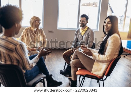 Support group patients on therapy session.Group therapy session, addiction treatment or team building. Royalty-Free Stock Photo #2290028841
