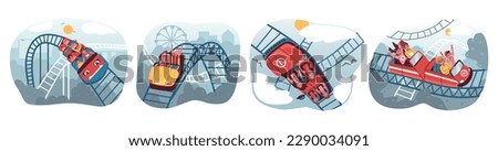 Roller coaster flat set of isolated compositions with silhouette views of amusement park equipment and people vector illustration Royalty-Free Stock Photo #2290034091